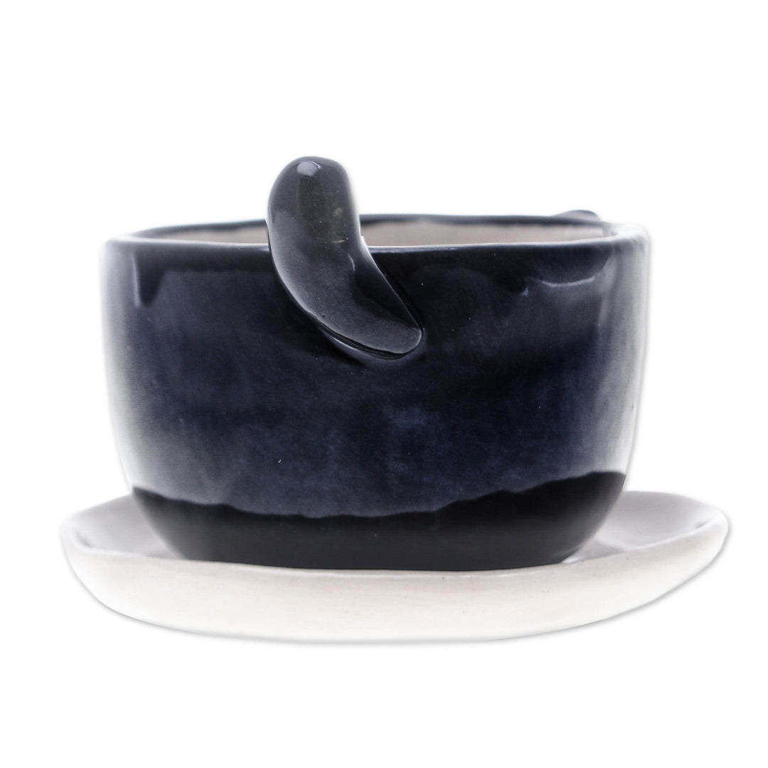 Cat-Themed Black Ceramic Mini Flower Pot with Ivory Saucer - Kitty Splendor