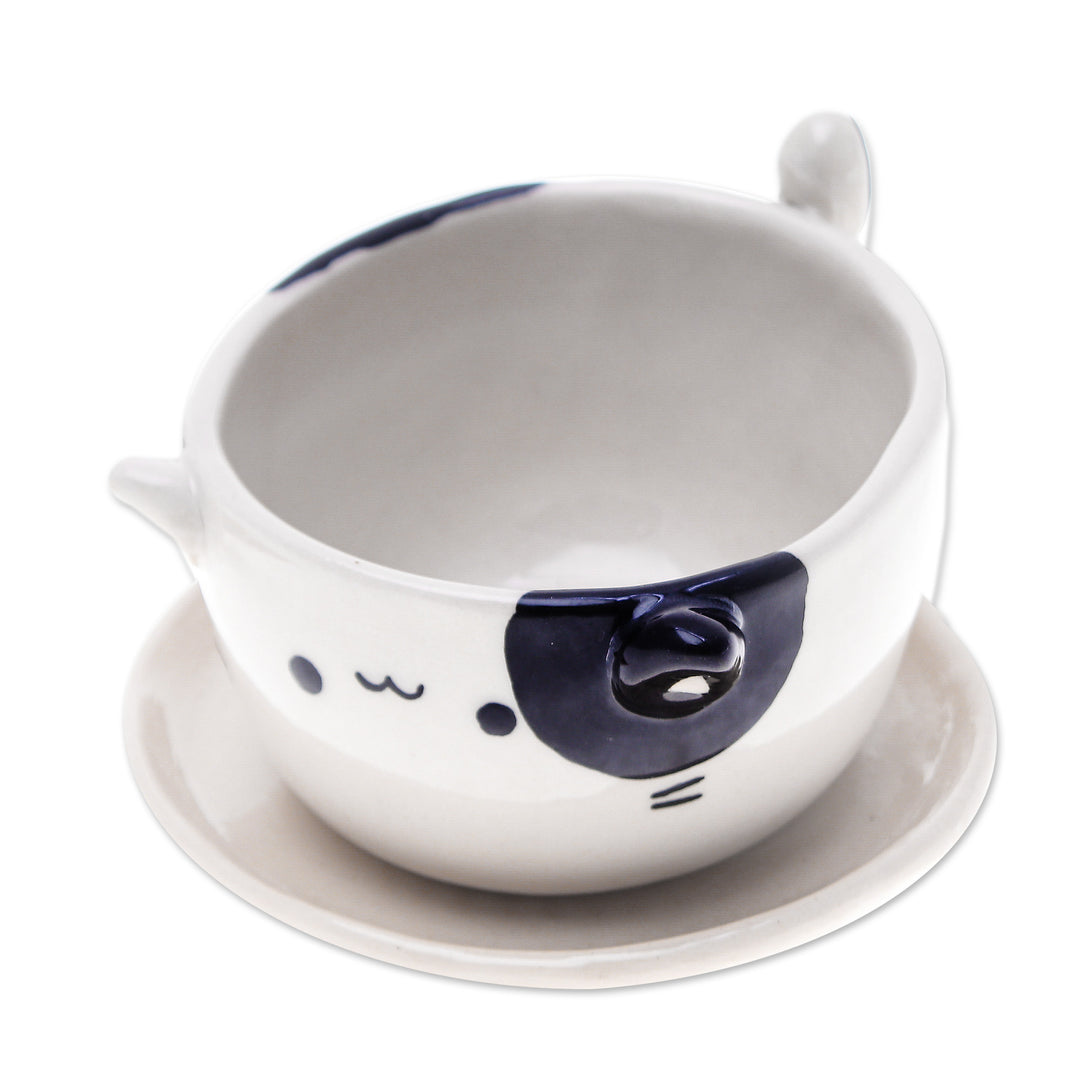 Handcrafted Cat-Shaped Ceramic Mini Flower Pot with Saucer - Kitty Magic