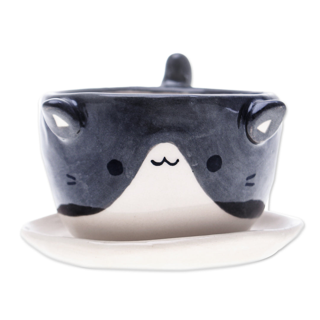 Handmade Ivory Grey Ceramic Cat Mini Flower Pot with Saucer - Kitty Spell