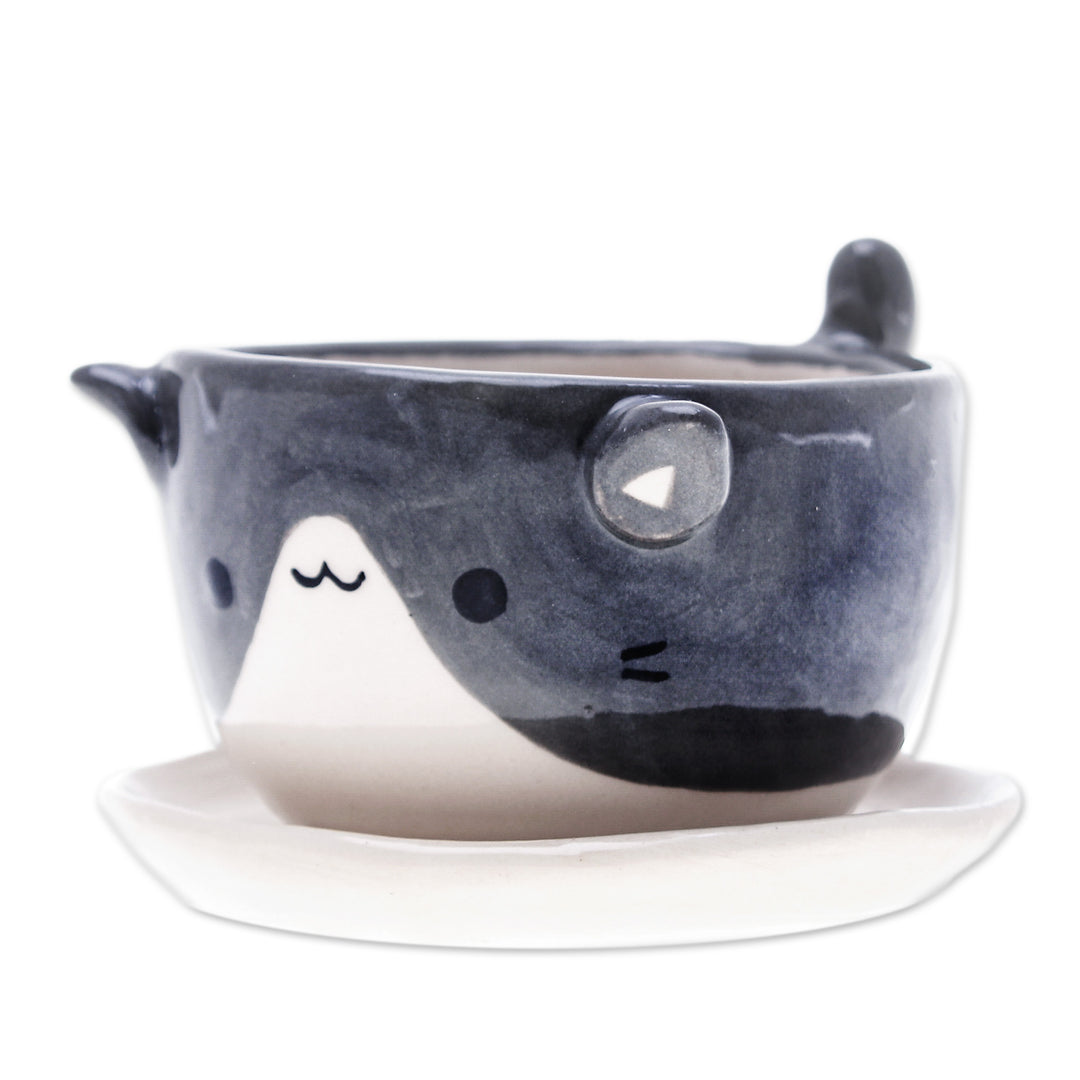 Handmade Ivory Grey Ceramic Cat Mini Flower Pot with Saucer - Kitty Spell