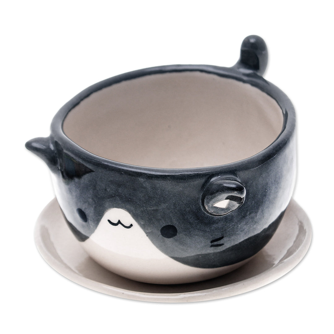 Handmade Ivory Grey Ceramic Cat Mini Flower Pot with Saucer - Kitty Spell