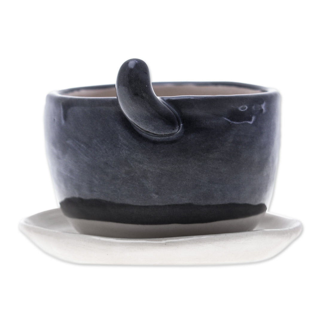 Handmade Ivory Grey Ceramic Cat Mini Flower Pot with Saucer - Kitty Spell