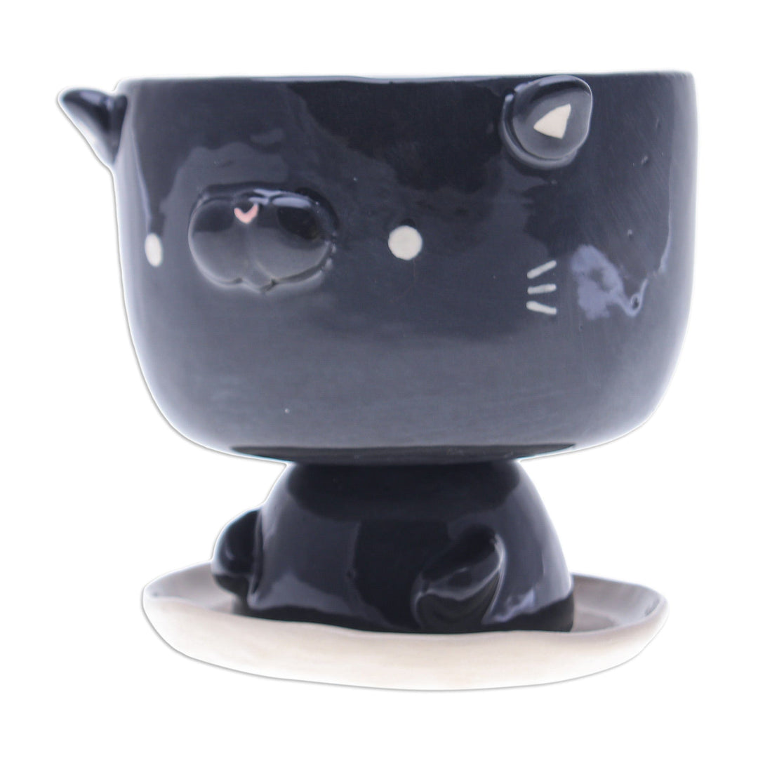 Cat-Shaped Black Ivory Ceramic Mini Flower Pot with Saucer - Midnight Kitty
