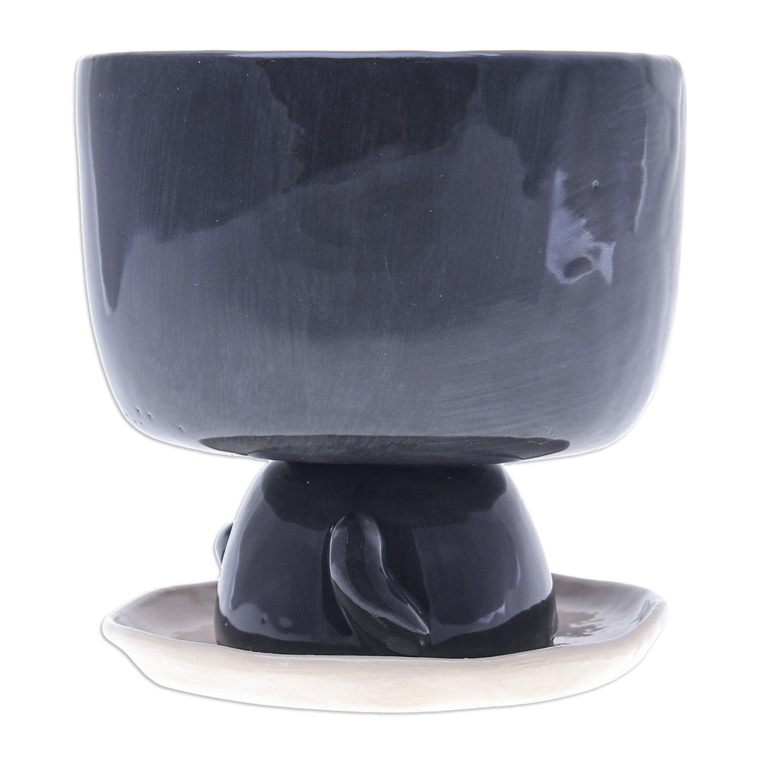 Cat-Shaped Black Ivory Ceramic Mini Flower Pot with Saucer - Midnight Kitty