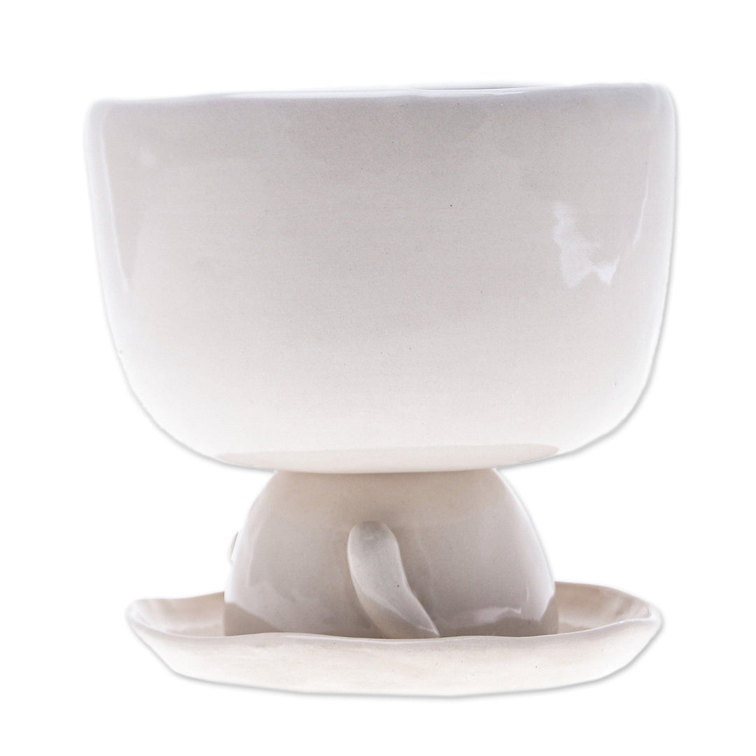 Cat-Shaped Ivory Ceramic Mini Flower Pot with Saucer - Endearing Kitty