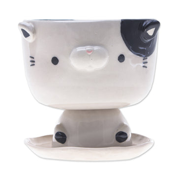 Cat-Shaped Ivory Black Ceramic Mini Flower Pot with Saucer - Adorable Kitty