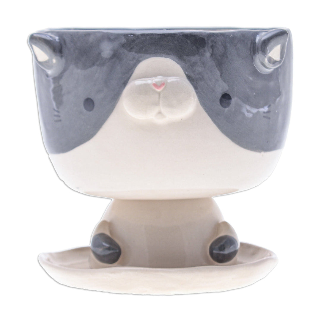 Cat-Shaped Ivory Grey Ceramic Mini Flower Pot with Saucer - Bicolor Kitty