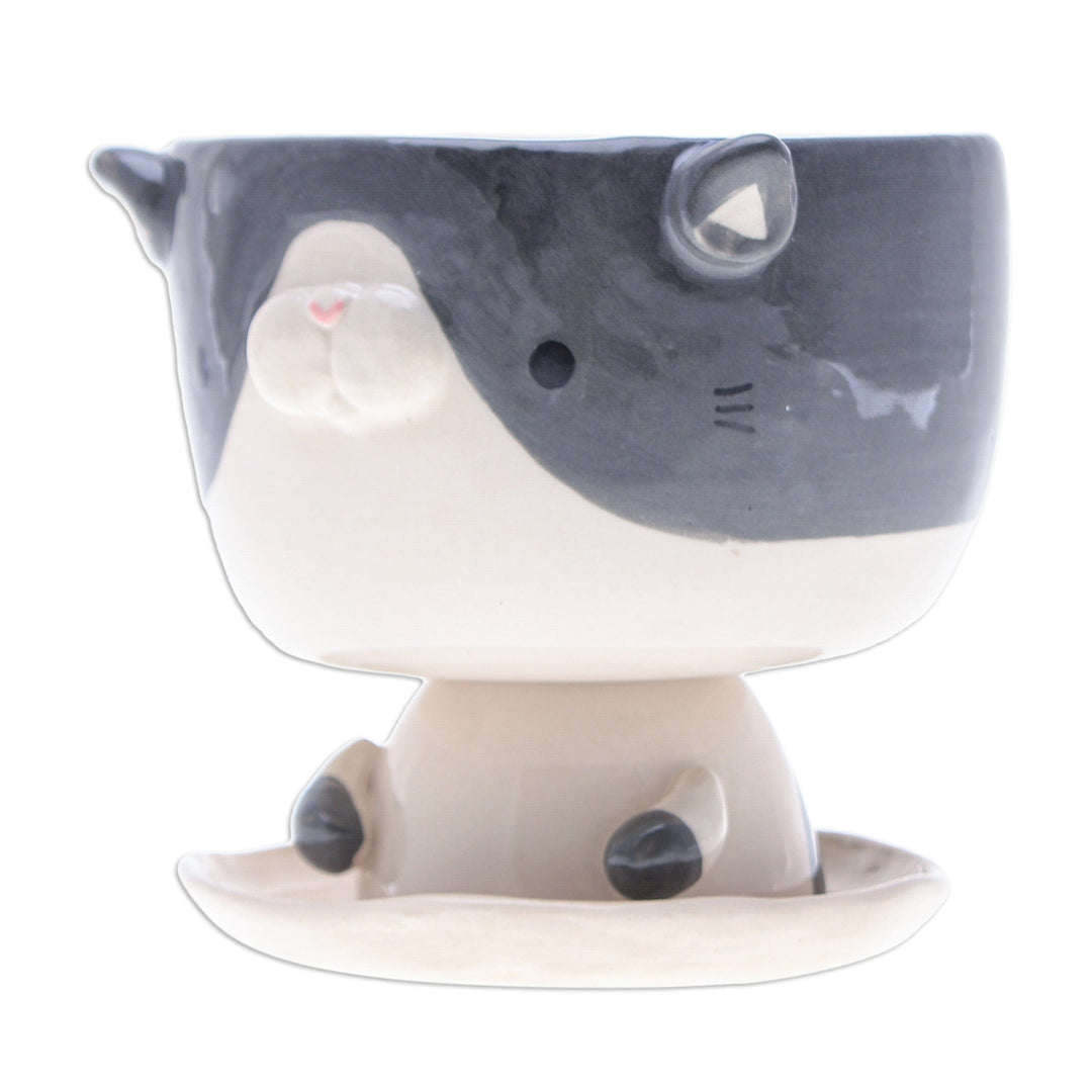 Cat-Shaped Ivory Grey Ceramic Mini Flower Pot with Saucer - Bicolor Kitty