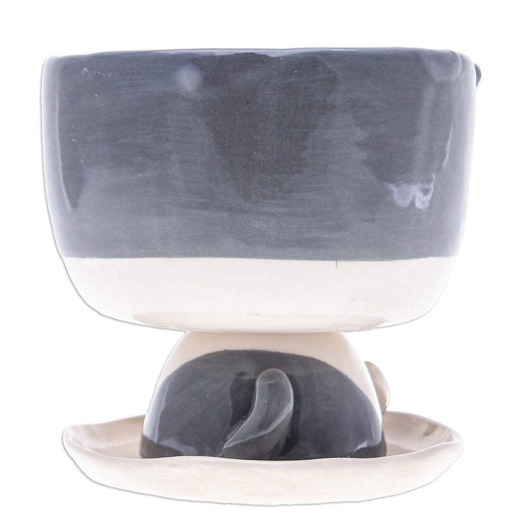 Cat-Shaped Ivory Grey Ceramic Mini Flower Pot with Saucer - Bicolor Kitty