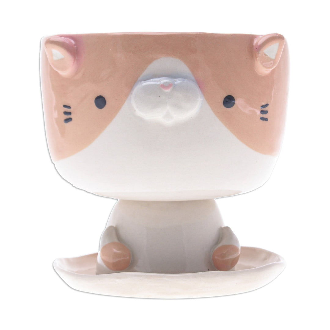 Cat-Shaped Ivory Orange Ceramic Mini Flower Pot with Saucer - Enchanting Kitty