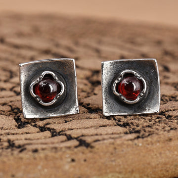 Garnet Button Earrings - Square Passion