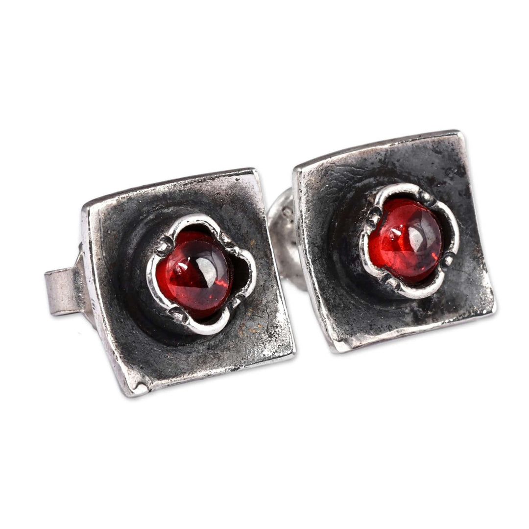 Garnet Button Earrings - Square Passion