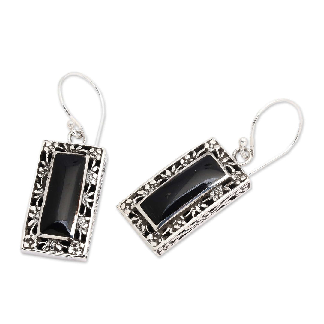 Floral Sterling Silver and Black Resin Dangle Earrings - Night Mirror