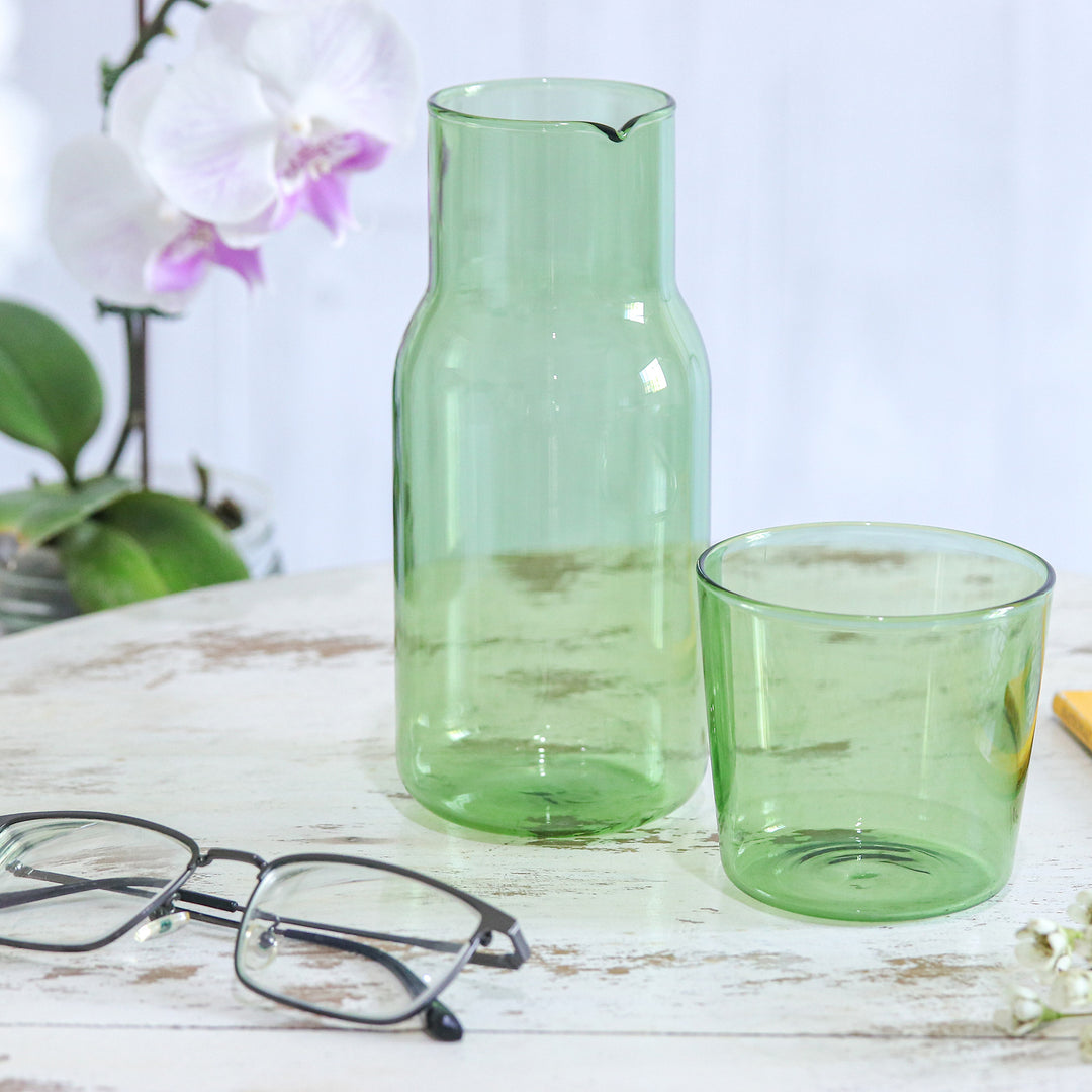 Handblown Clear Green Pitcher and Rocks Glass Set - Vital Elixir