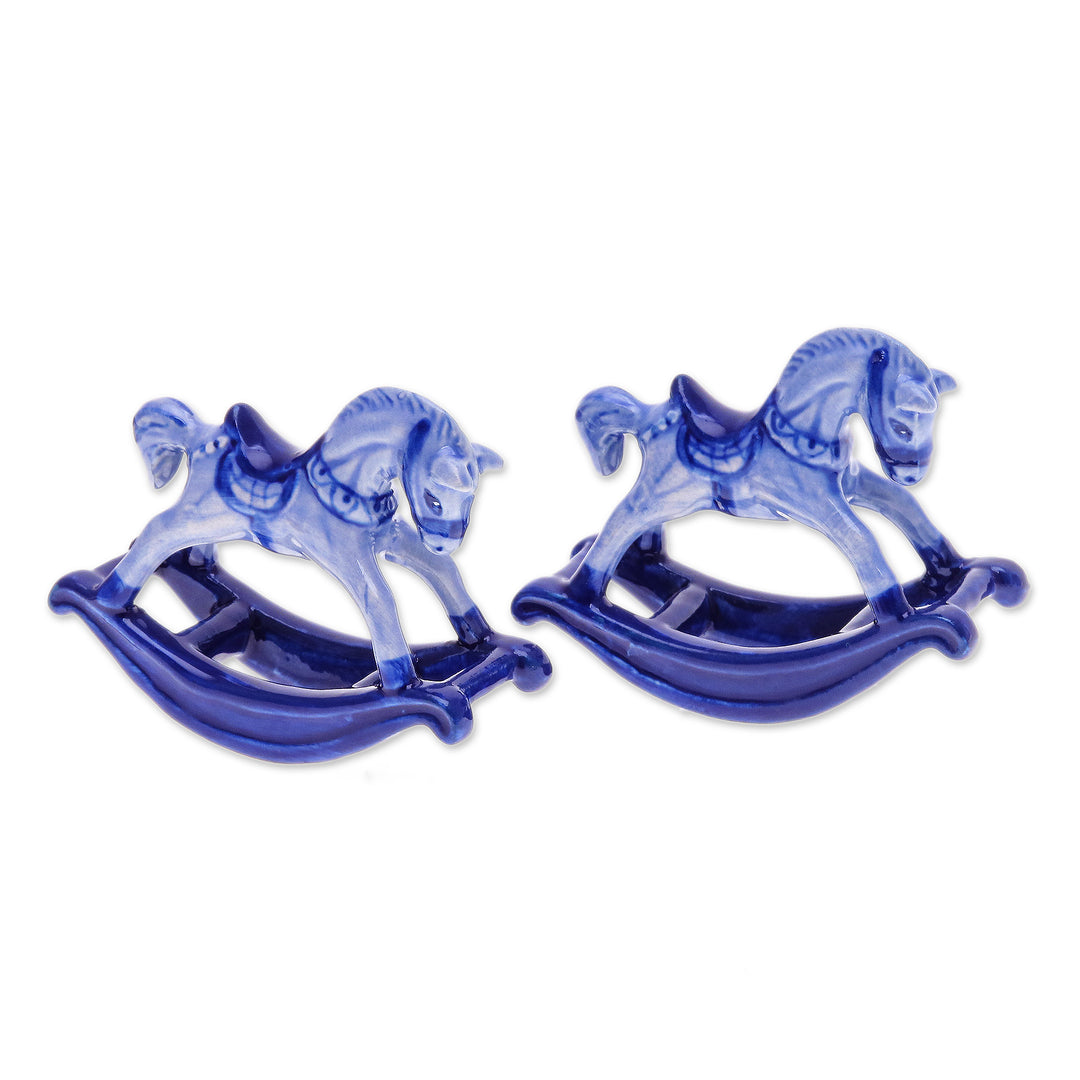 Blue and White Rocking Horse Ceramic Figurines (Pair) - Blue Amusement