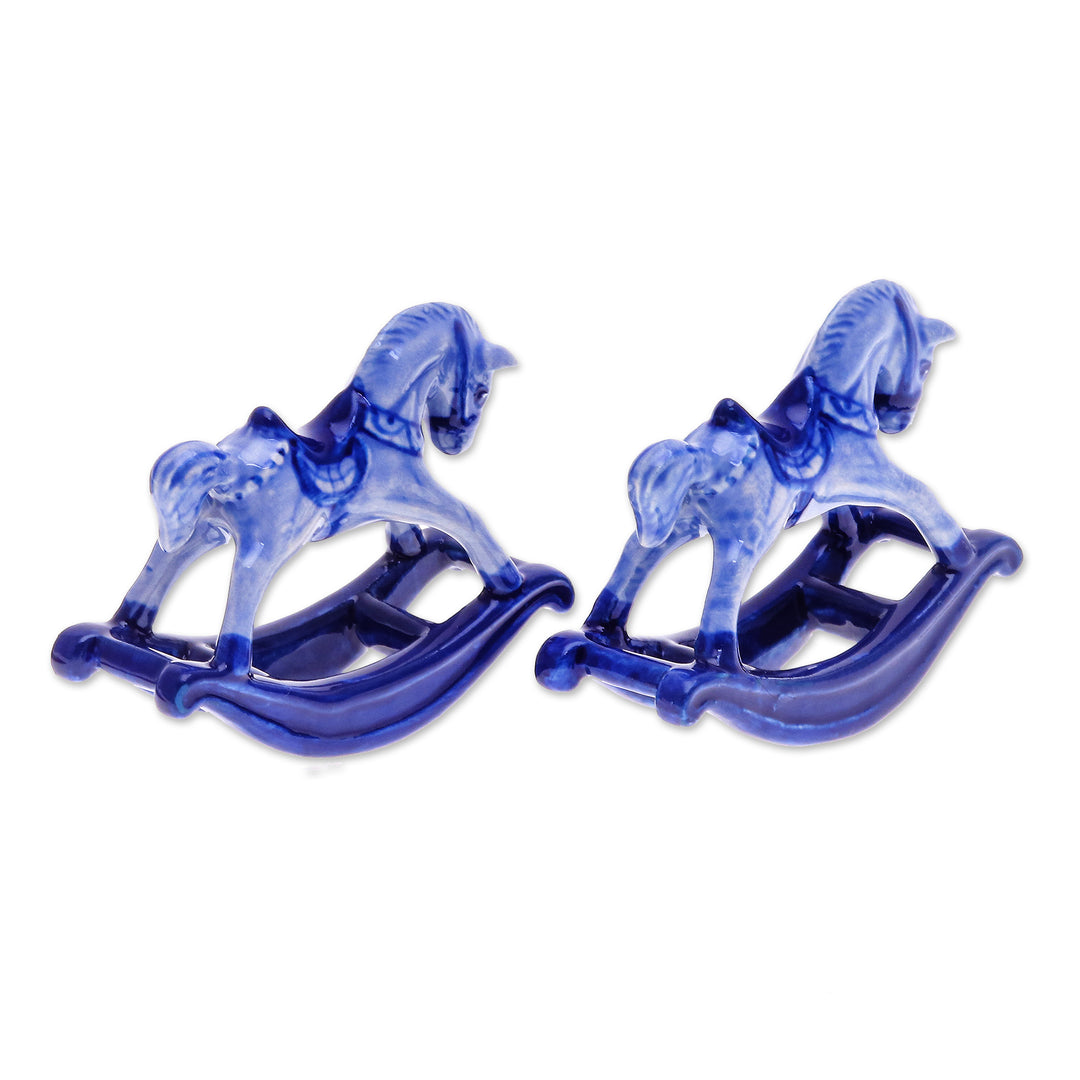 Blue and White Rocking Horse Ceramic Figurines (Pair) - Blue Amusement