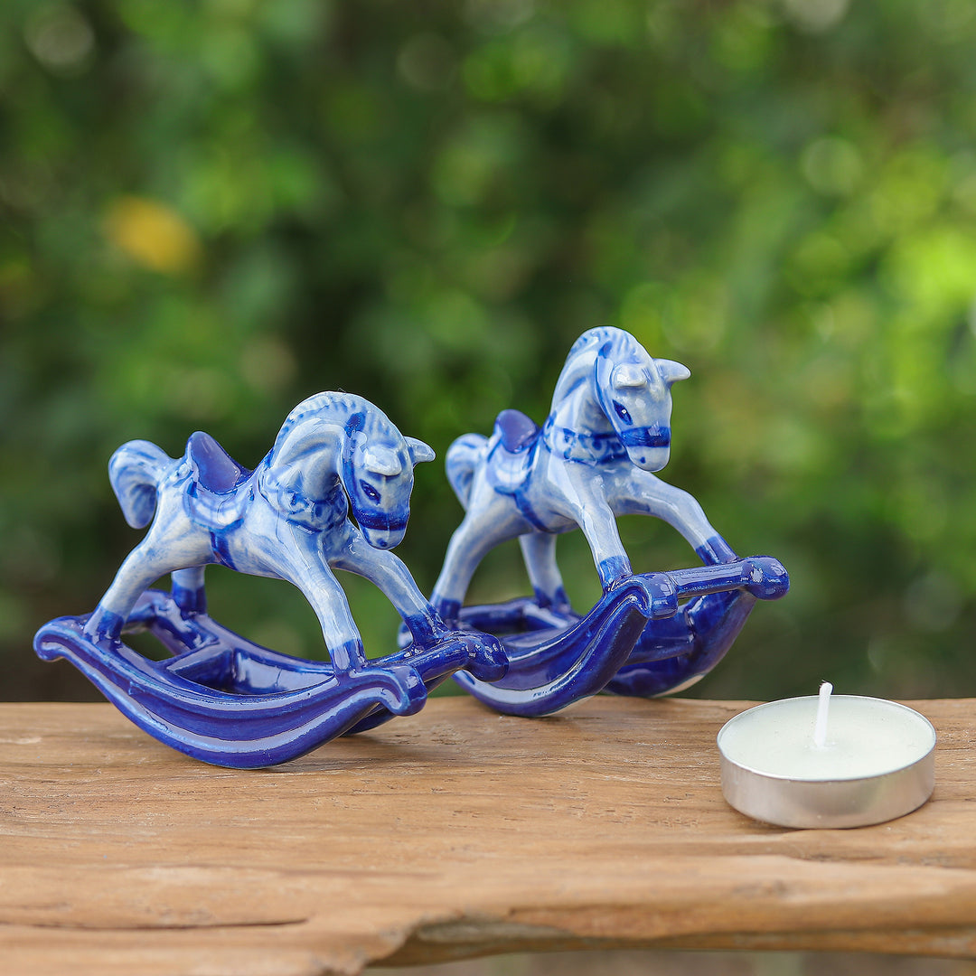 Blue and White Rocking Horse Ceramic Figurines (Pair) - Blue Amusement