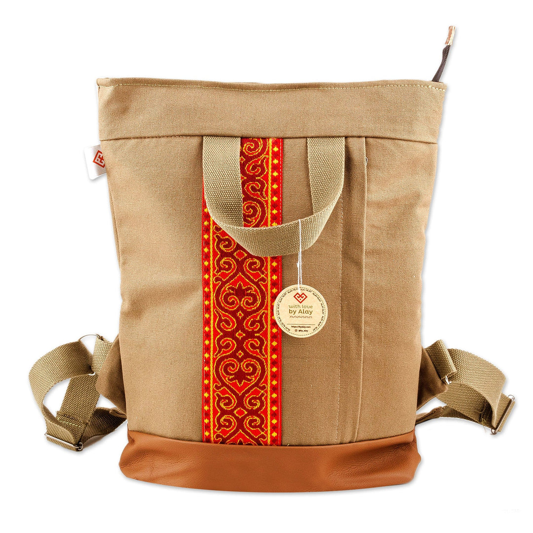 Folk Art Adjustable Red and Artichoke Linen Backpack - The Glorious Adventure