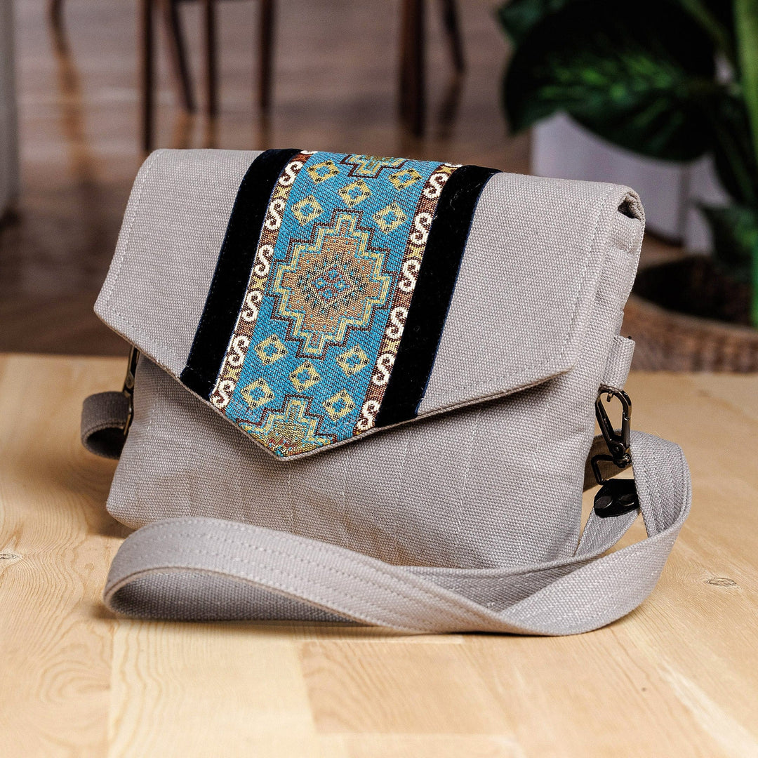 Handcrafted Grey and Blue Cotton and Tarp Shoulder Bag - The Celestial Day