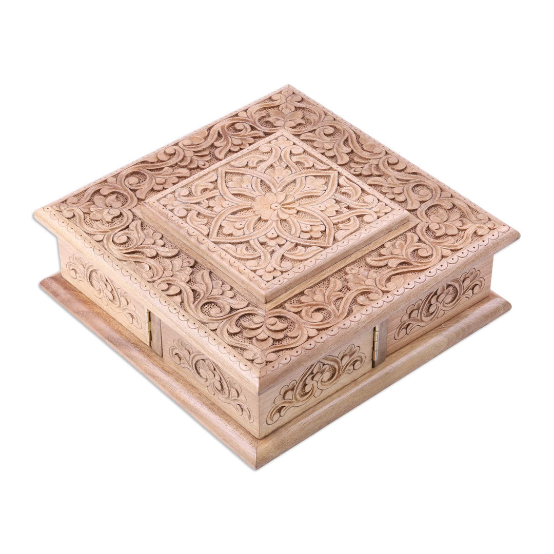 Floral Hand-Carved Walnut Wood Jewelry Box with Four Drawers - Splendid Square