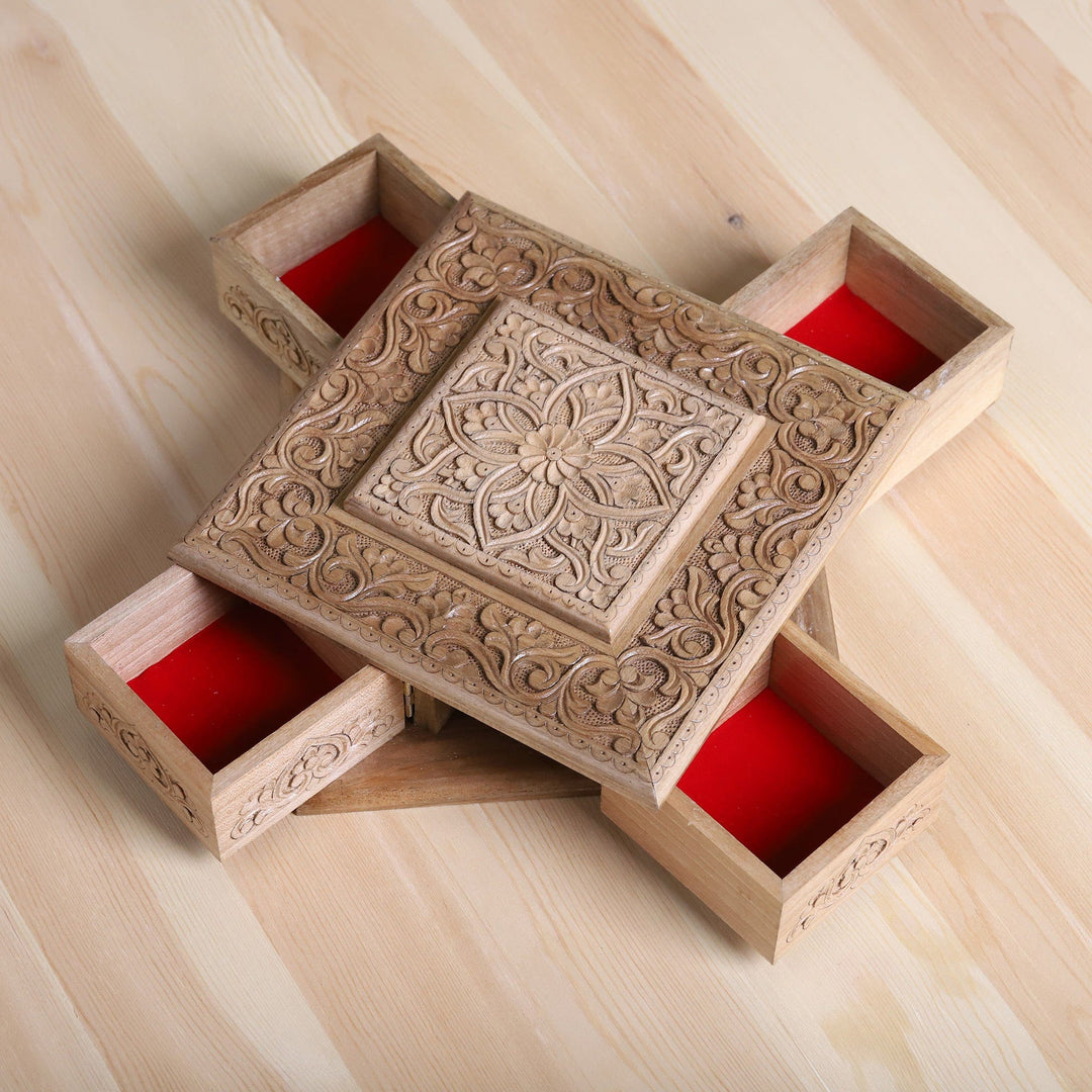 Floral Hand-Carved Walnut Wood Jewelry Box with Four Drawers - Splendid Square