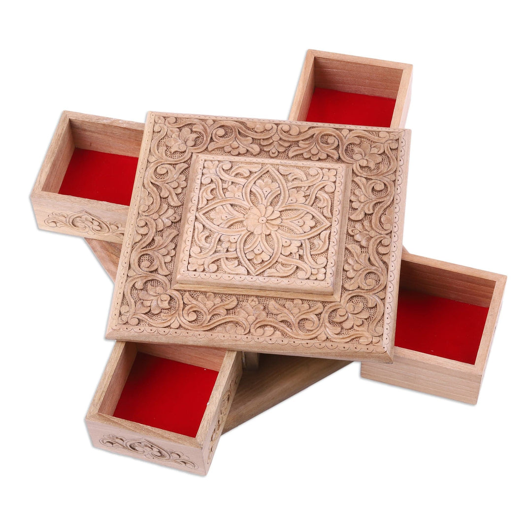Floral Hand-Carved Walnut Wood Jewelry Box with Four Drawers - Splendid Square