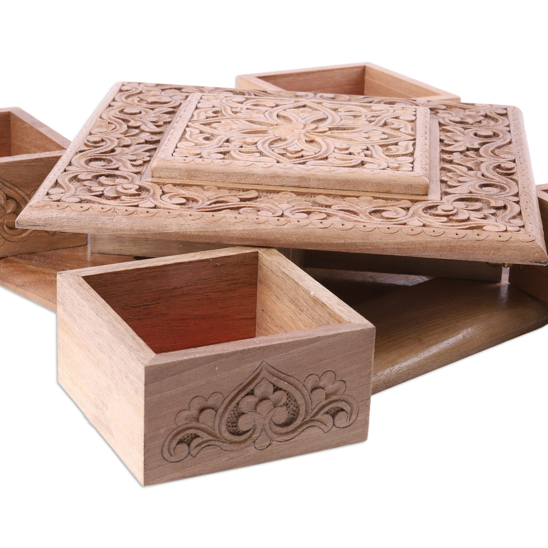 Floral Hand-Carved Walnut Wood Jewelry Box with Four Drawers - Splendid Square
