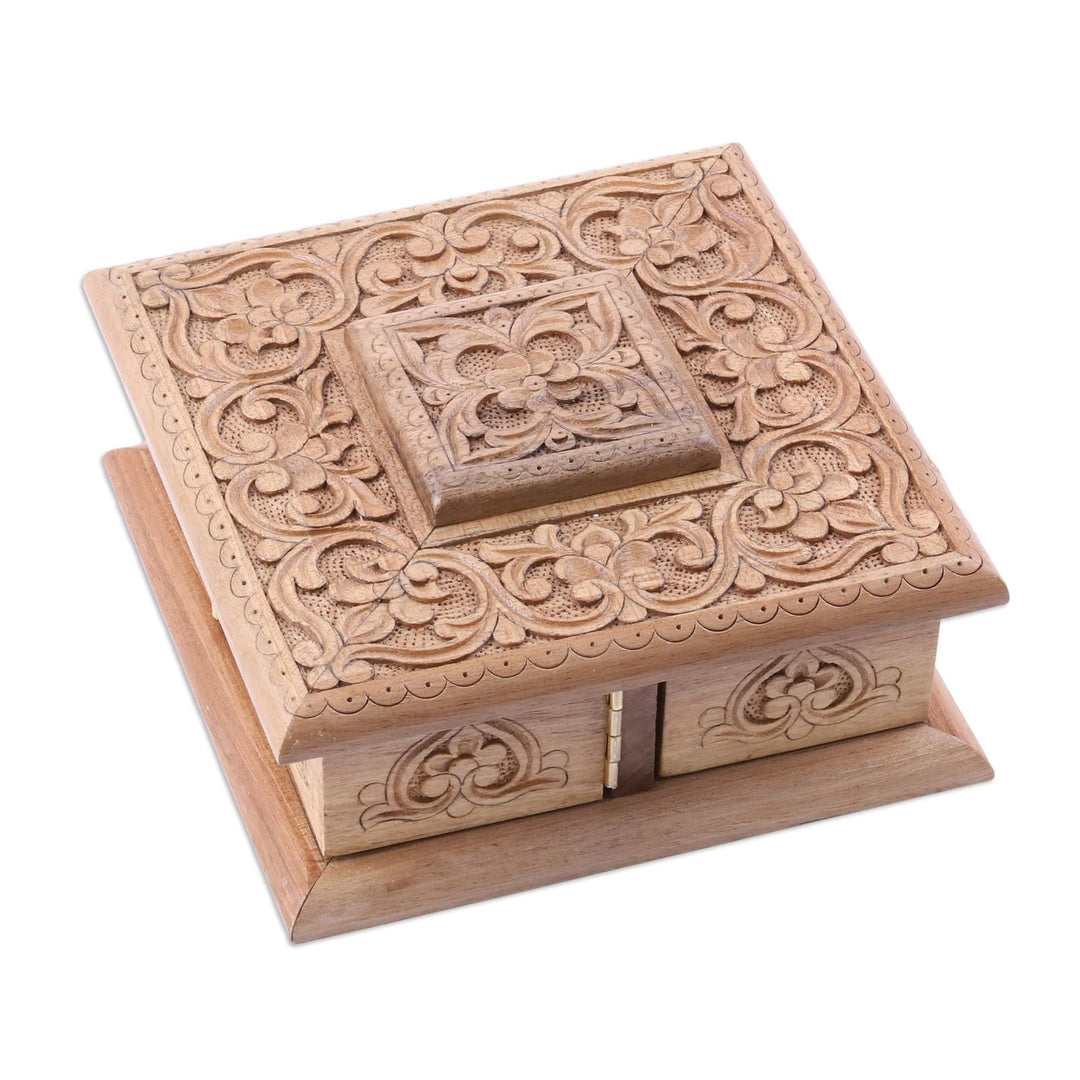 Hand-Carved Walnut Wood Jewelry Box with Floral Details - Dreamy Square