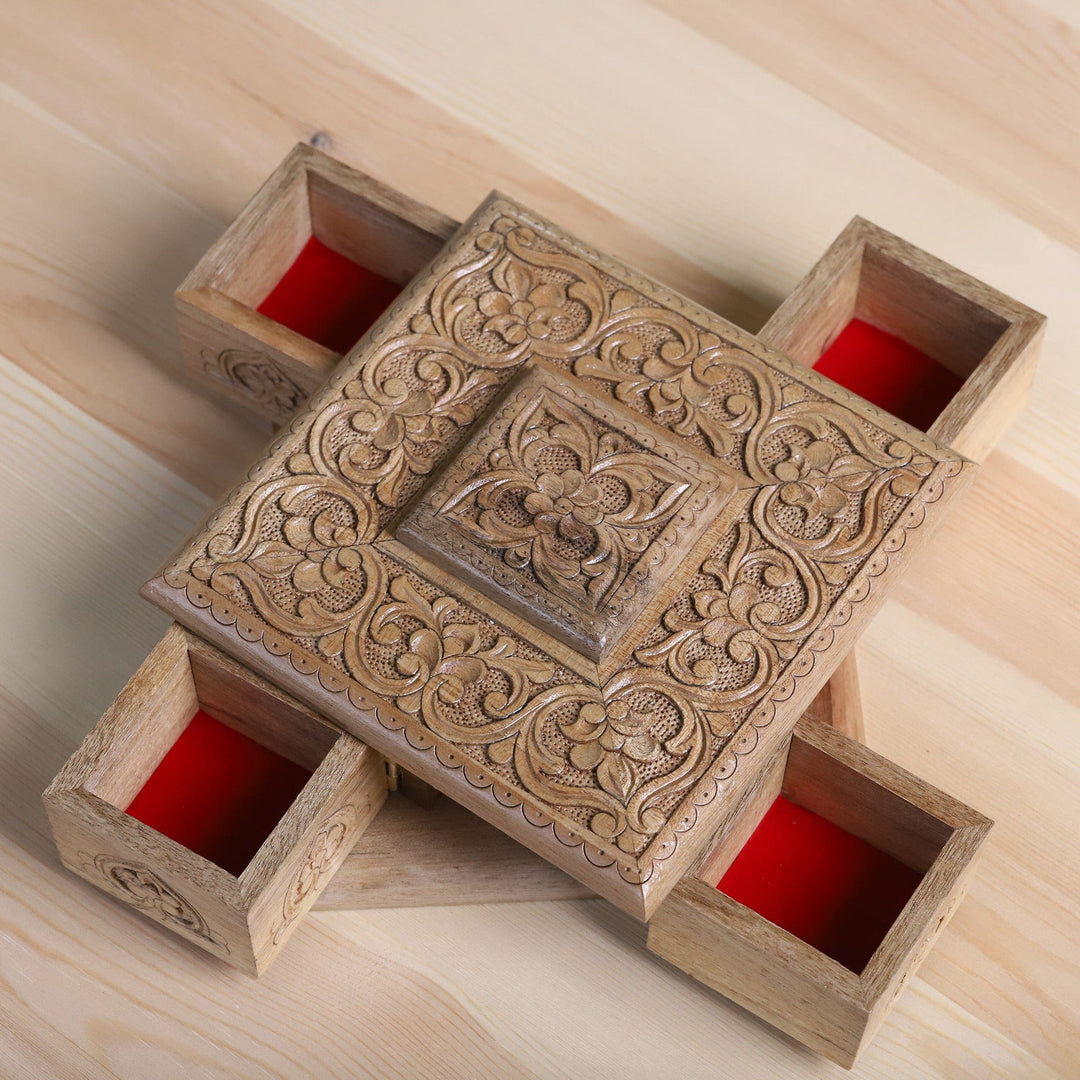 Hand-Carved Walnut Wood Jewelry Box with Floral Details - Dreamy Square