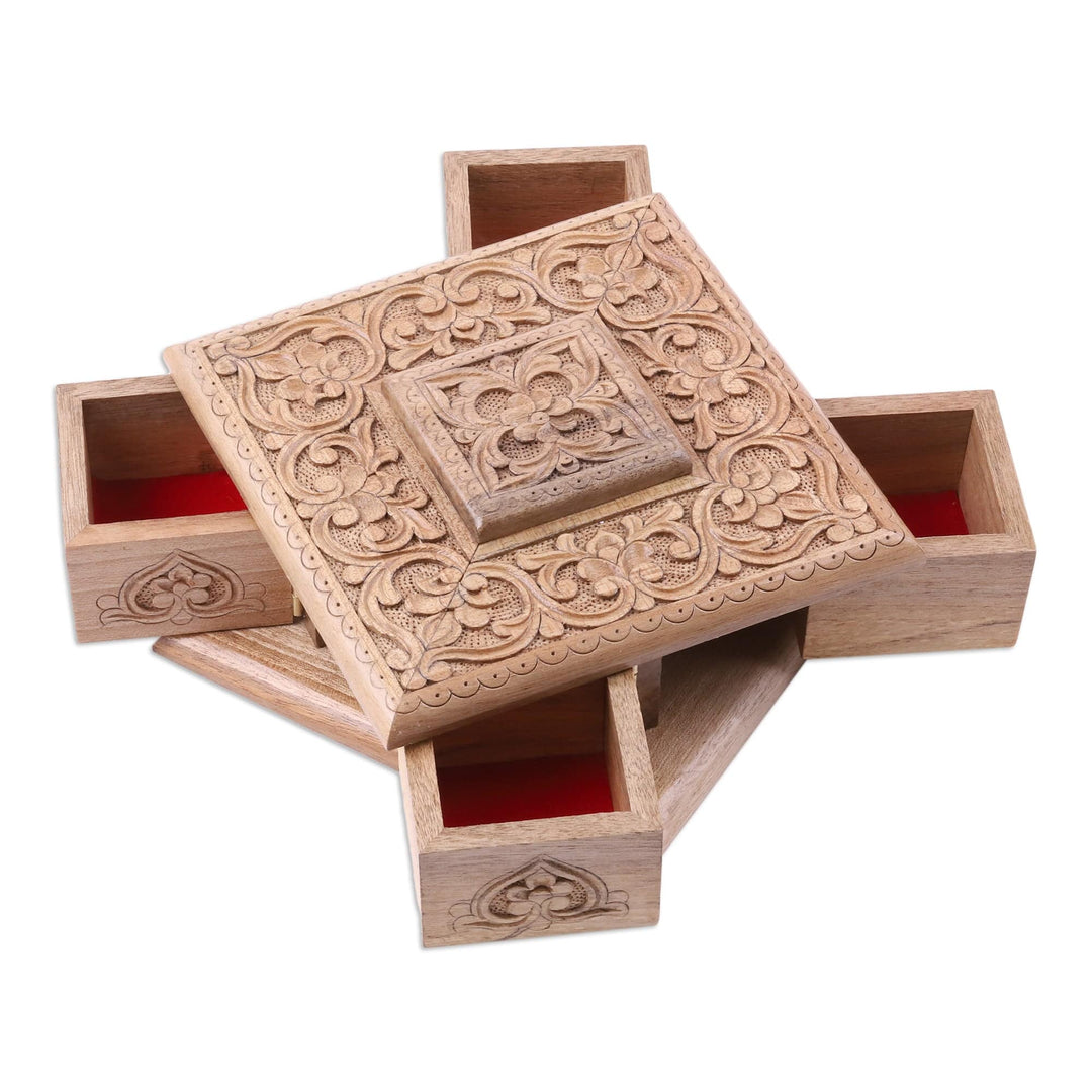 Hand-Carved Walnut Wood Jewelry Box with Floral Details - Dreamy Square