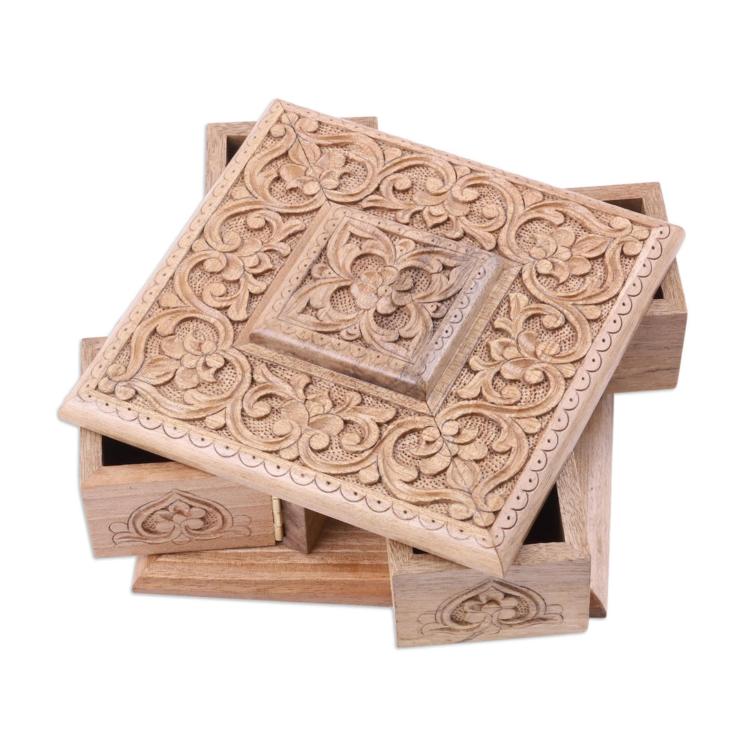 Hand-Carved Walnut Wood Jewelry Box with Floral Details - Dreamy Square