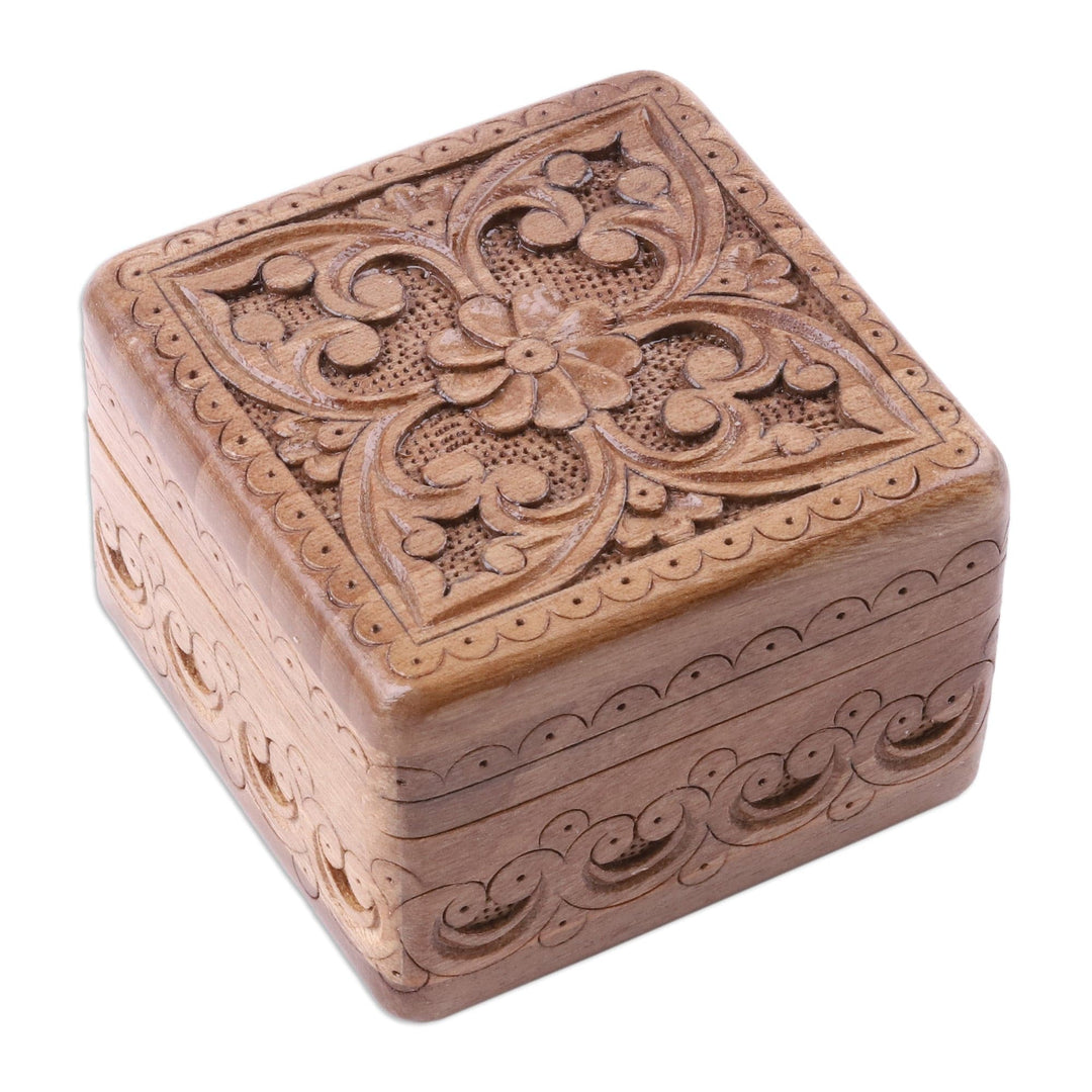 Folk Art Floral Hand-Carved Walnut Wood Jewelry Box - Wondrous Palace