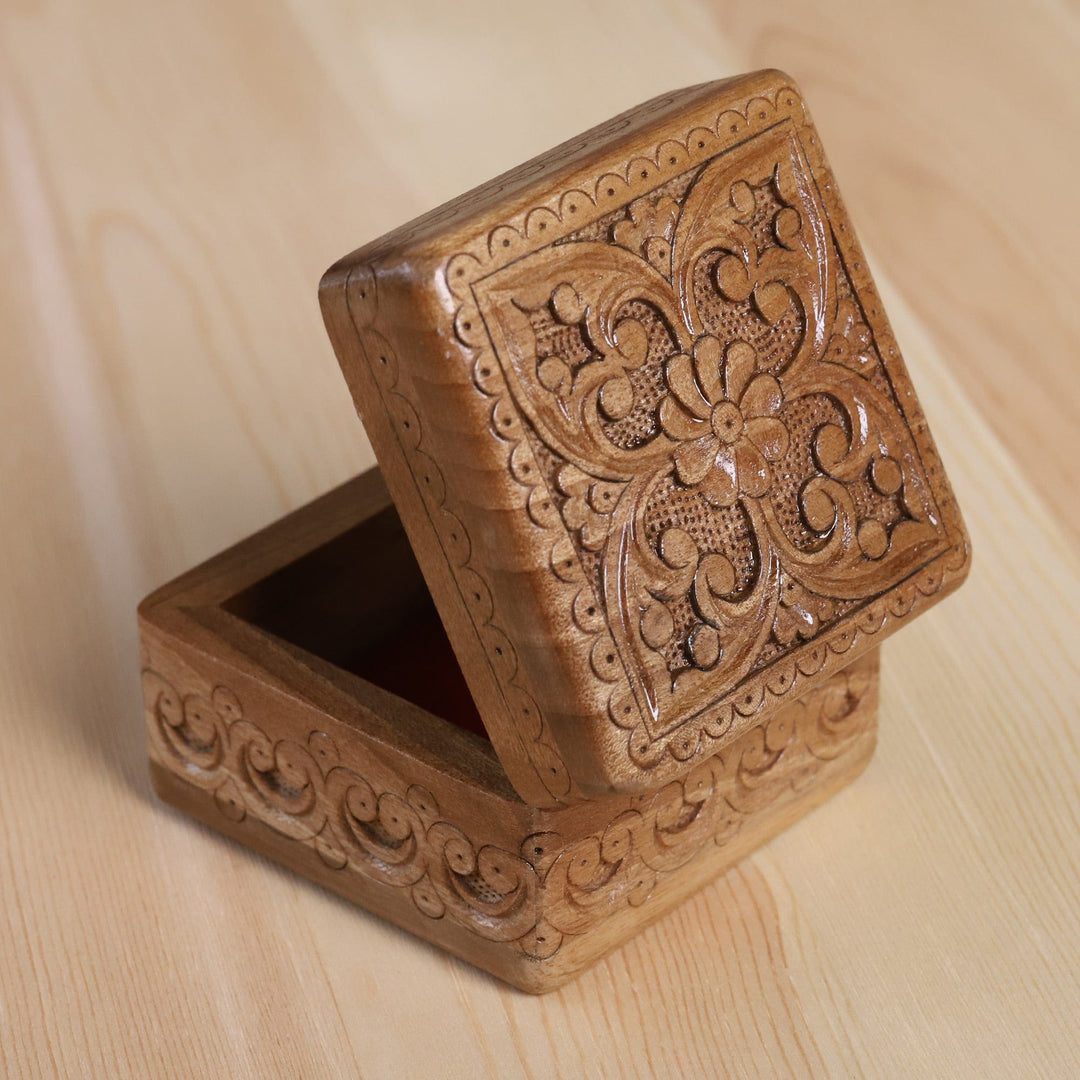 Folk Art Floral Hand-Carved Walnut Wood Jewelry Box - Wondrous Palace