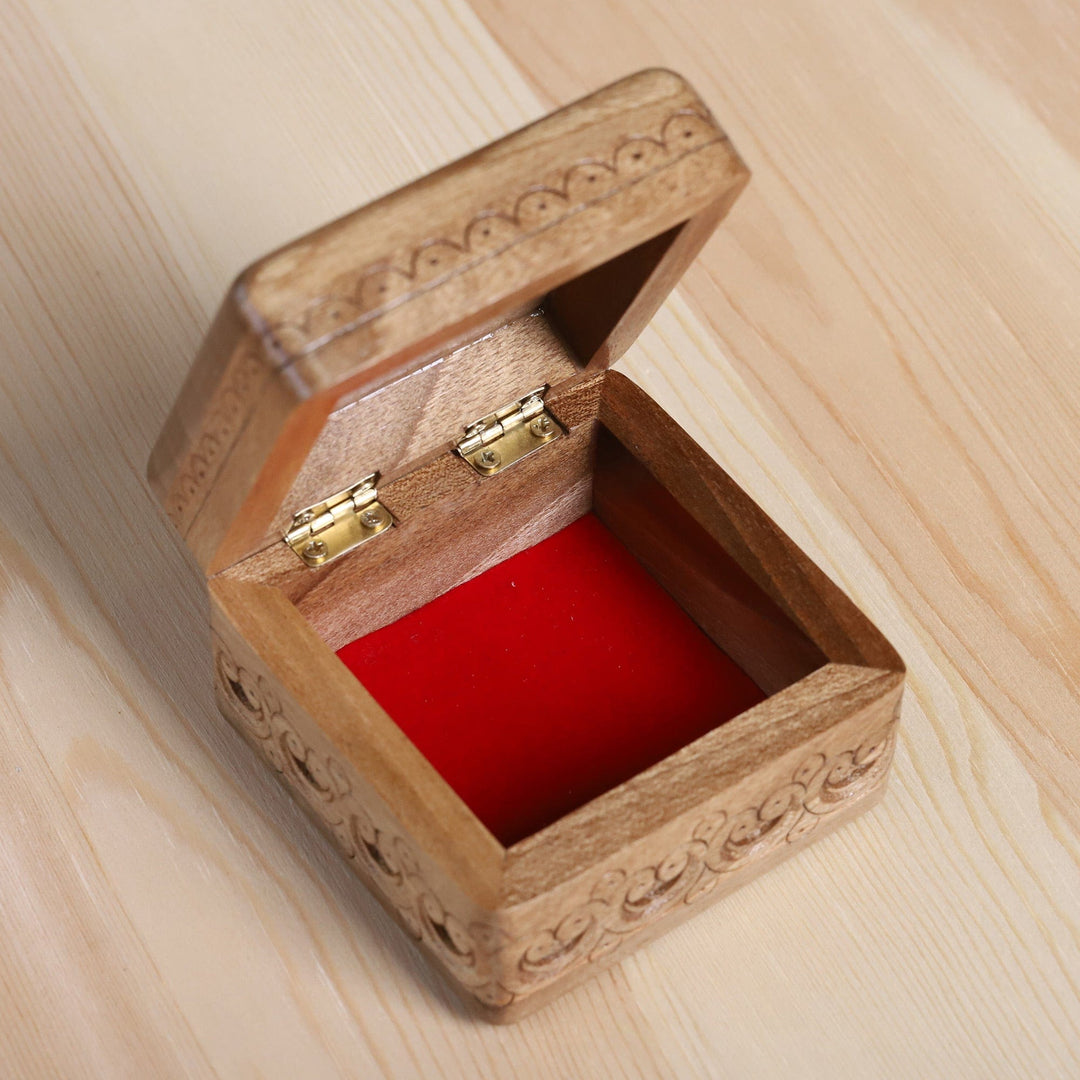 Folk Art Floral Hand-Carved Walnut Wood Jewelry Box - Wondrous Palace