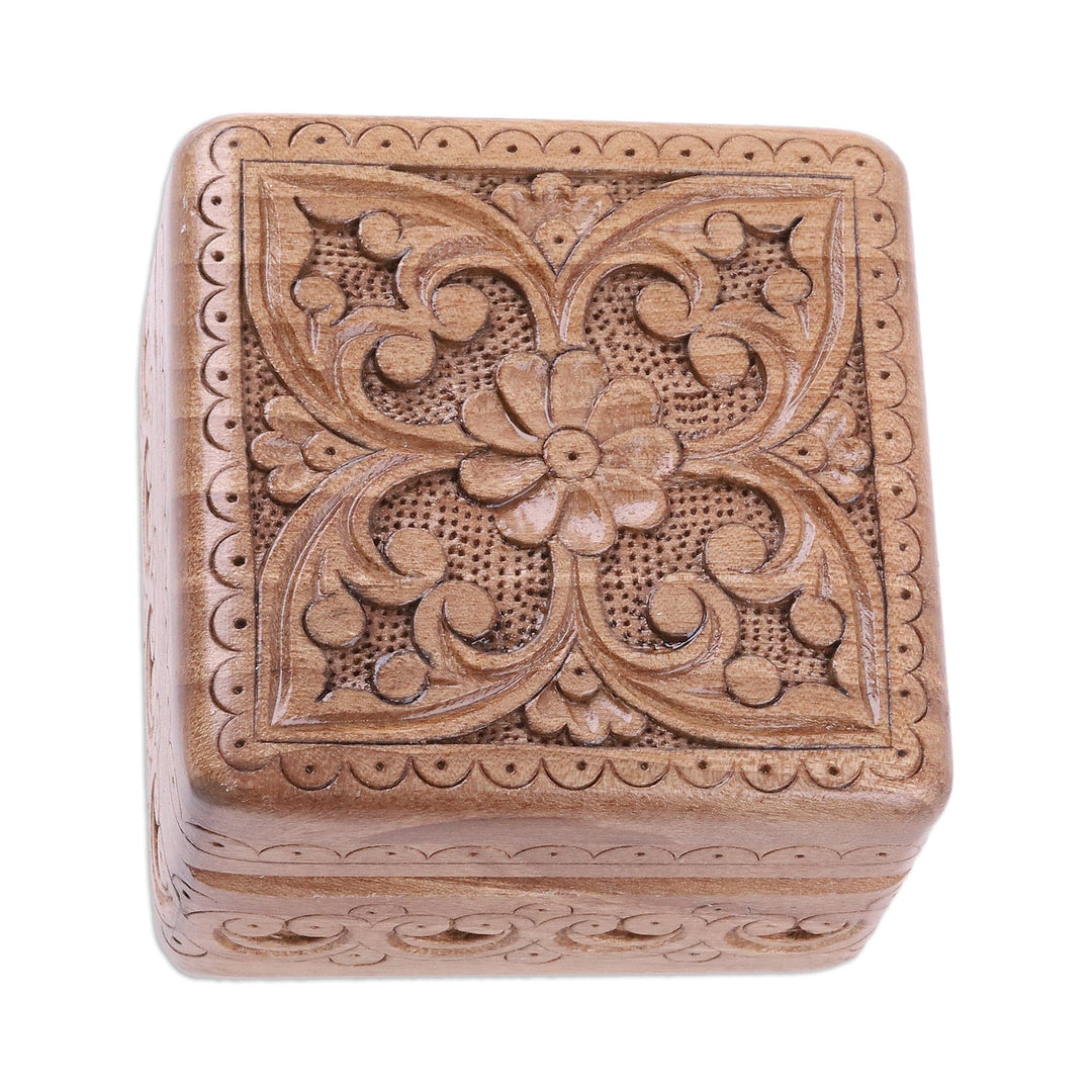 Folk Art Floral Hand-Carved Walnut Wood Jewelry Box - Wondrous Palace