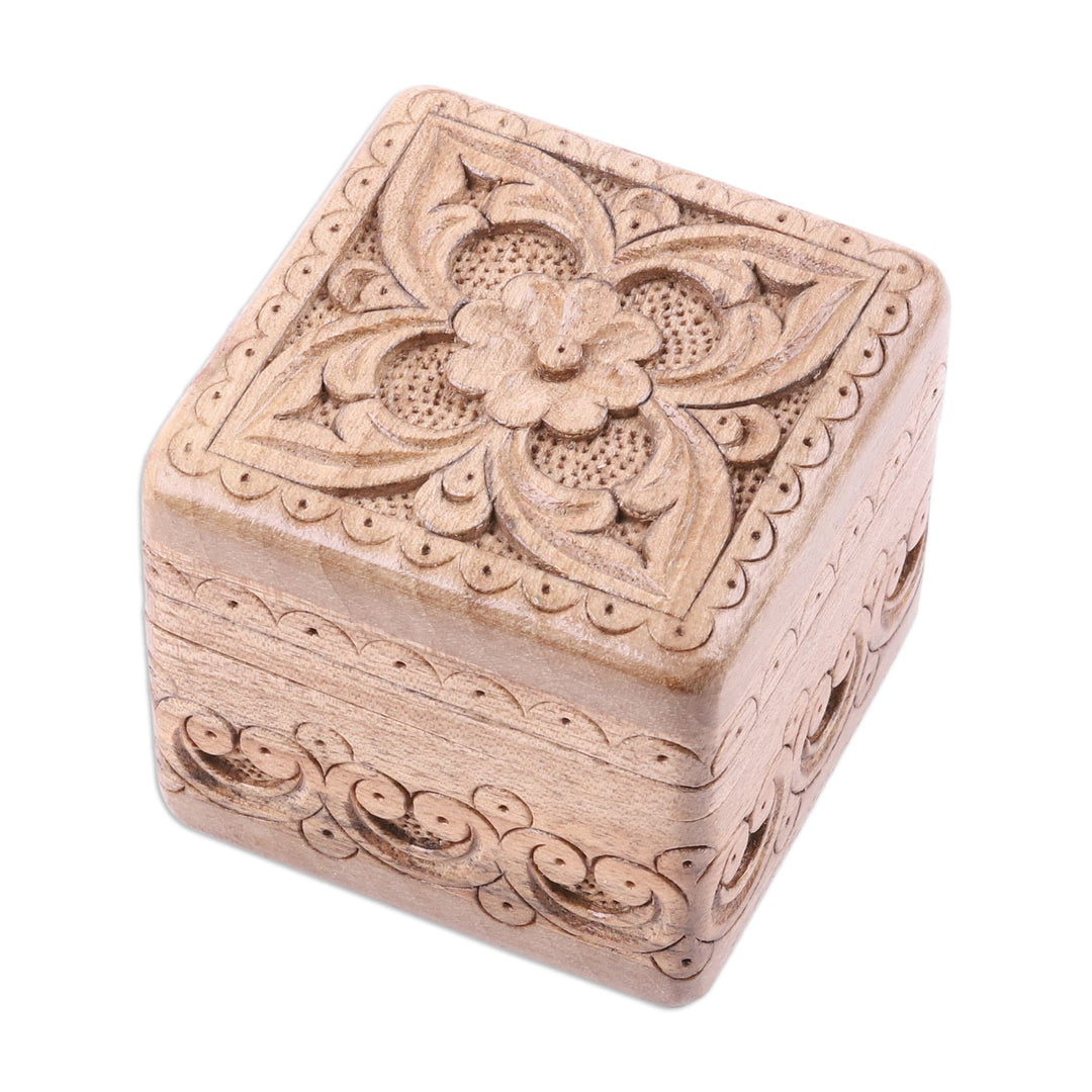 Folk Art Floral Hand-Carved Walnut Wood Ring Box - Little Palace