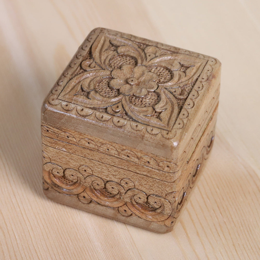 Folk Art Floral Hand-Carved Walnut Wood Ring Box - Little Palace