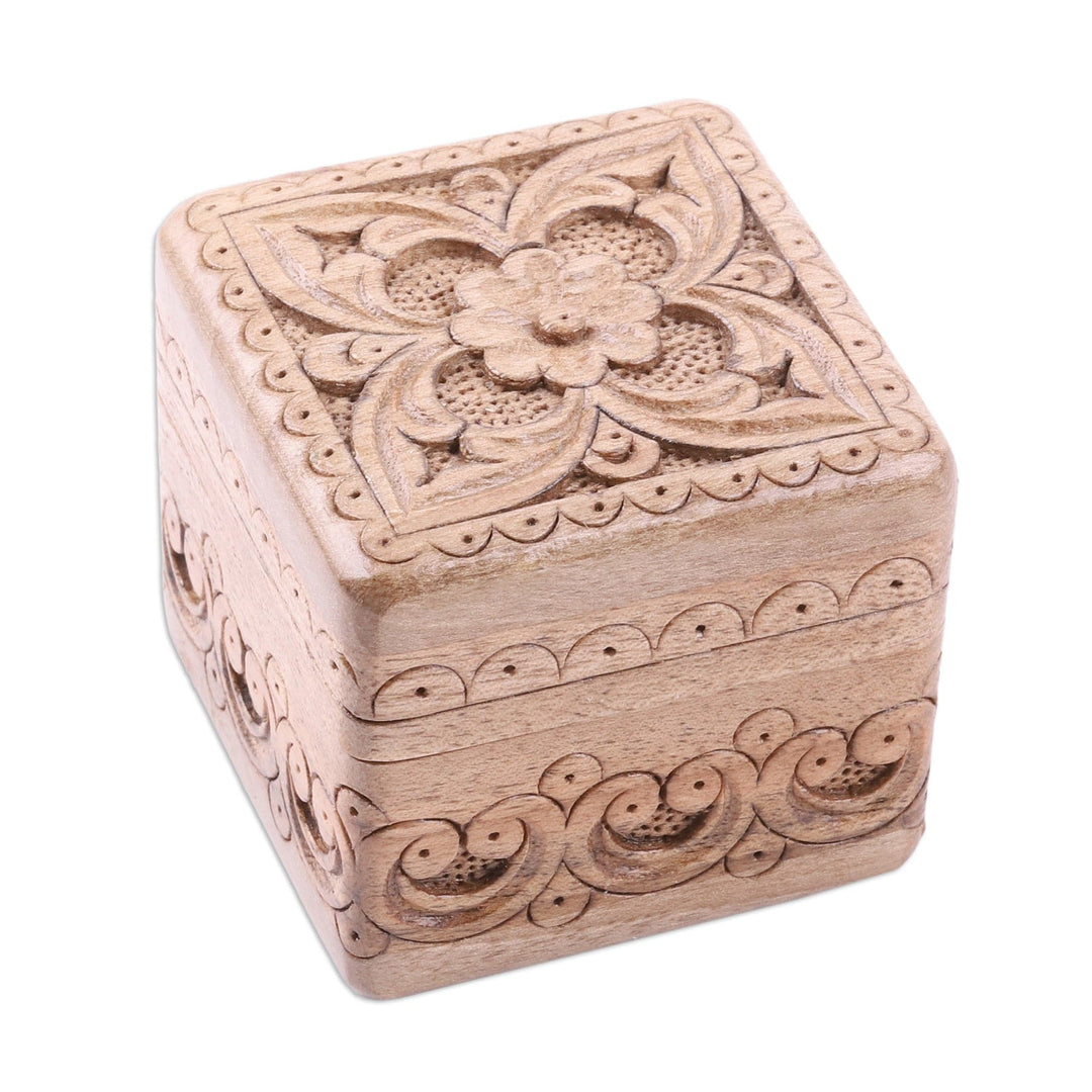 Folk Art Floral Hand-Carved Walnut Wood Ring Box - Little Palace