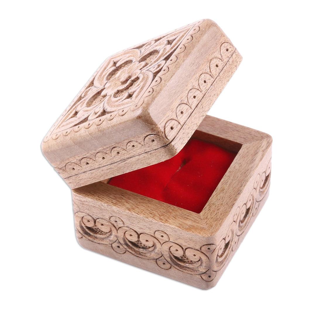 Folk Art Floral Hand-Carved Walnut Wood Ring Box - Little Palace