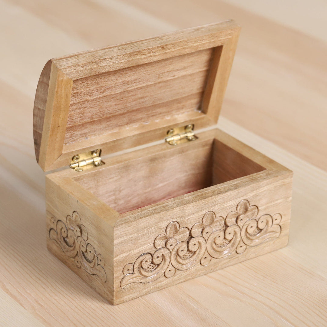 Hand-Carved Floral Walnut Wood Jewelry Box from Uzbekistan - Khiva's Treasure