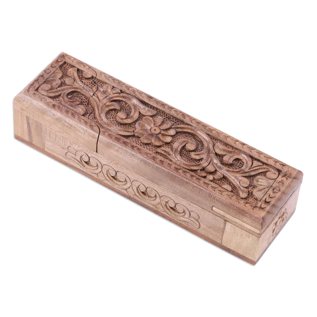 Folk Art Floral Walnut Wood Puzzle Box from Uzbekistan - Khiva's Enigma
