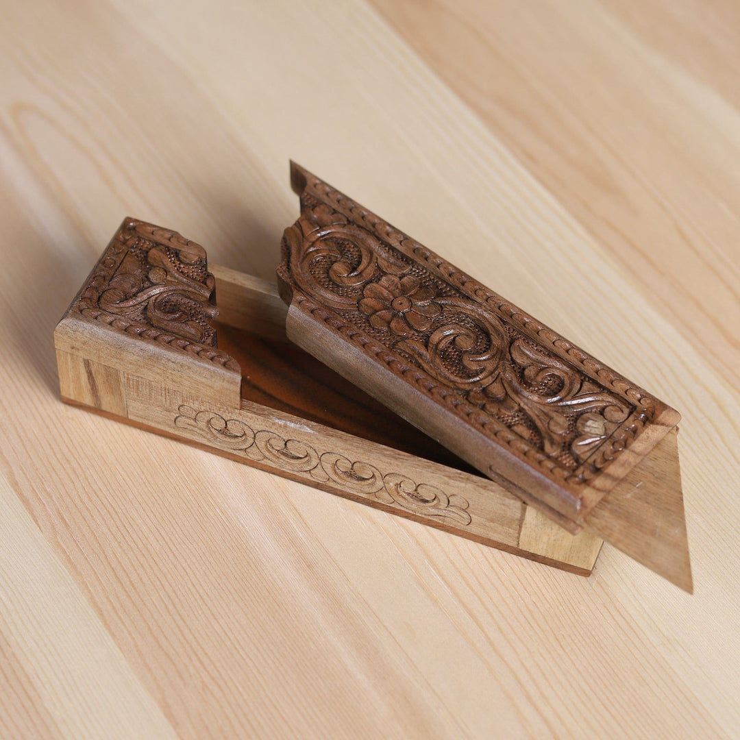 Folk Art Floral Walnut Wood Puzzle Box from Uzbekistan - Khiva's Enigma