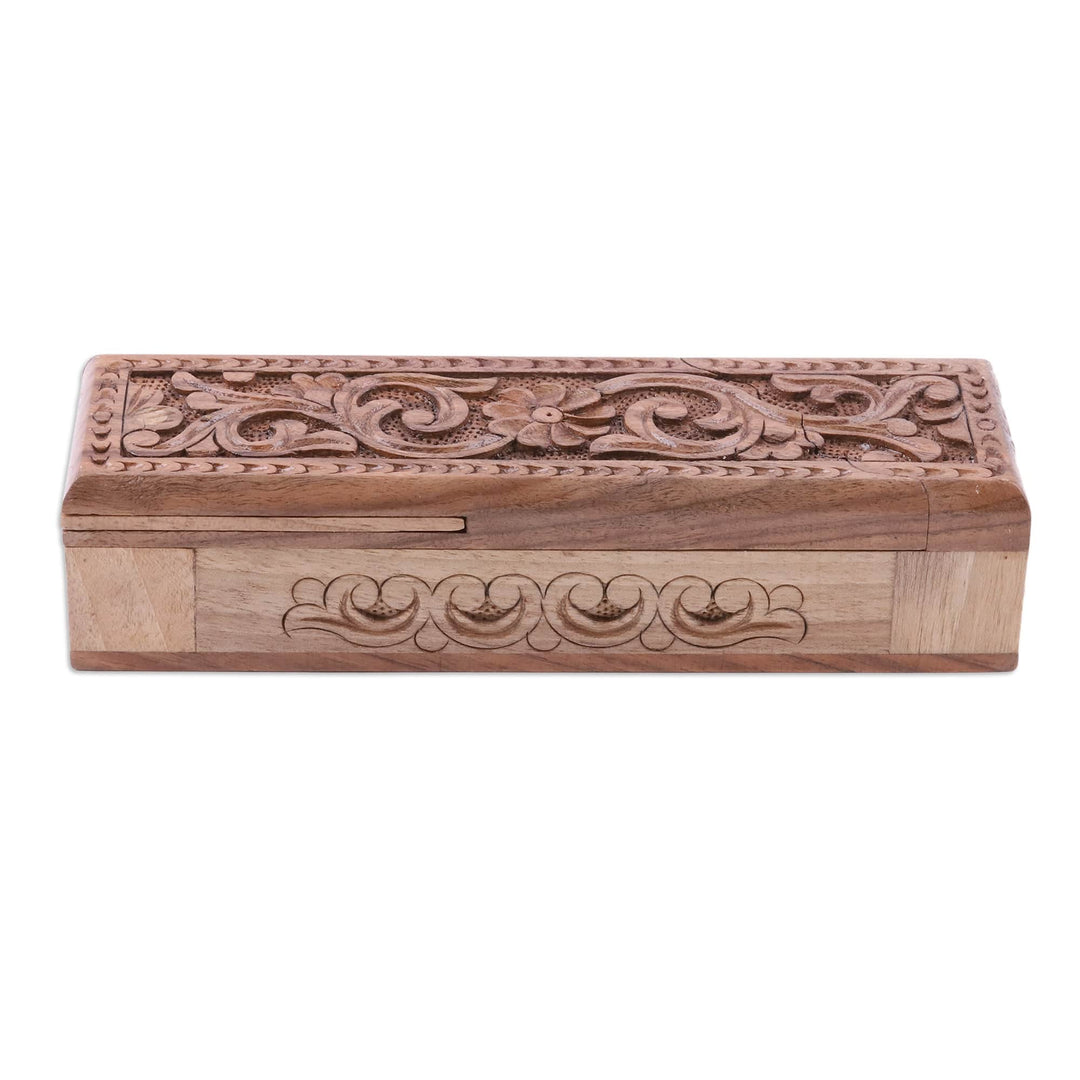 Folk Art Floral Walnut Wood Puzzle Box from Uzbekistan - Khiva's Enigma