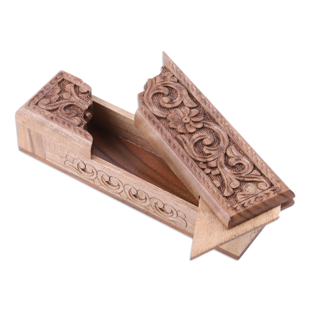 Folk Art Floral Walnut Wood Puzzle Box from Uzbekistan - Khiva's Enigma