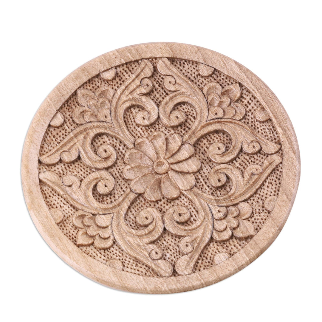 Hand-Carved Floral Round Walnut Wood Magnet from Uzbekistan - The Floral Eden
