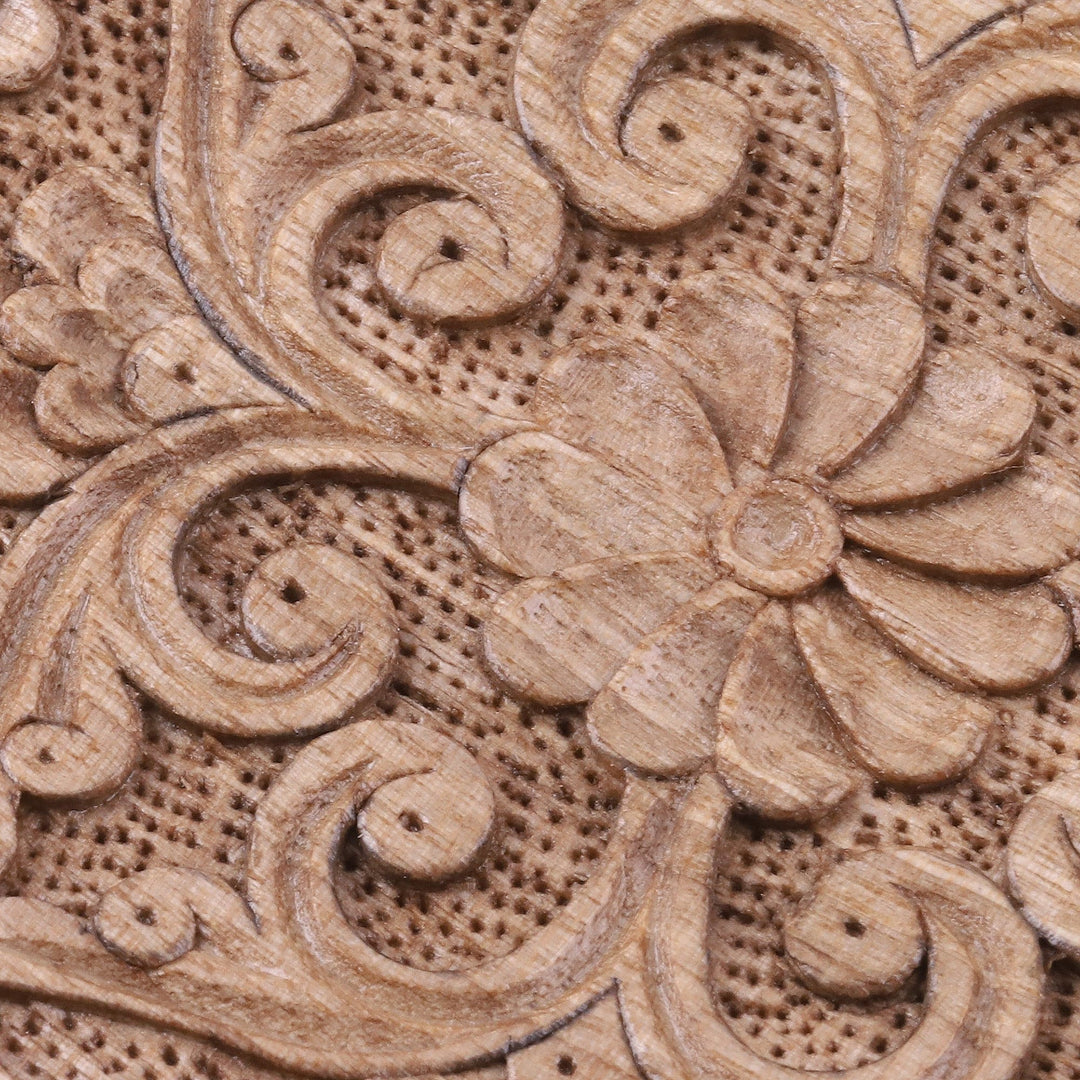 Hand-Carved Floral Round Walnut Wood Magnet from Uzbekistan - The Floral Eden
