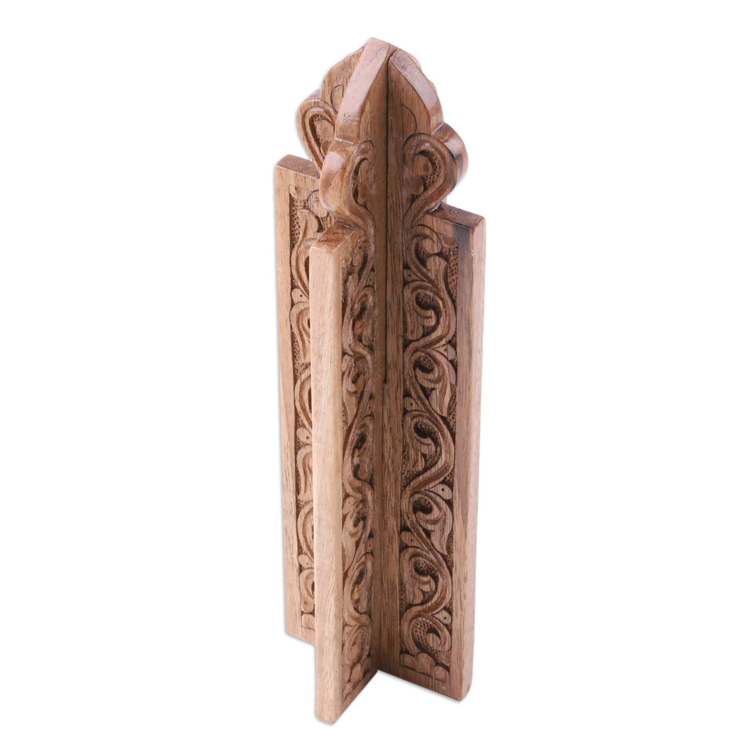 Hand-Carved Leafy Minaret-Shaped Walnut Wood Home Accent - Minaret's Essence