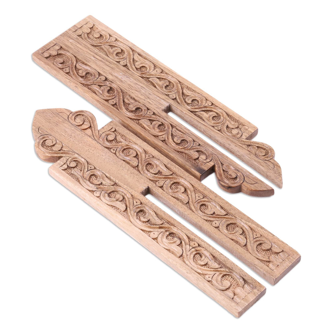 Hand-Carved Leafy Minaret-Shaped Walnut Wood Home Accent - Minaret's Essence