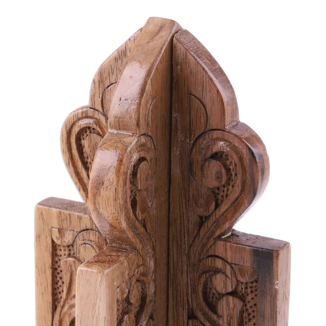 Hand-Carved Leafy Minaret-Shaped Walnut Wood Home Accent - Minaret's Essence