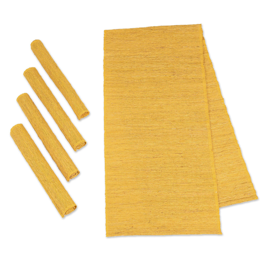 Yellow Cotton Blend Table Runner and Placemats (5 Pieces) - Yellow Aroma